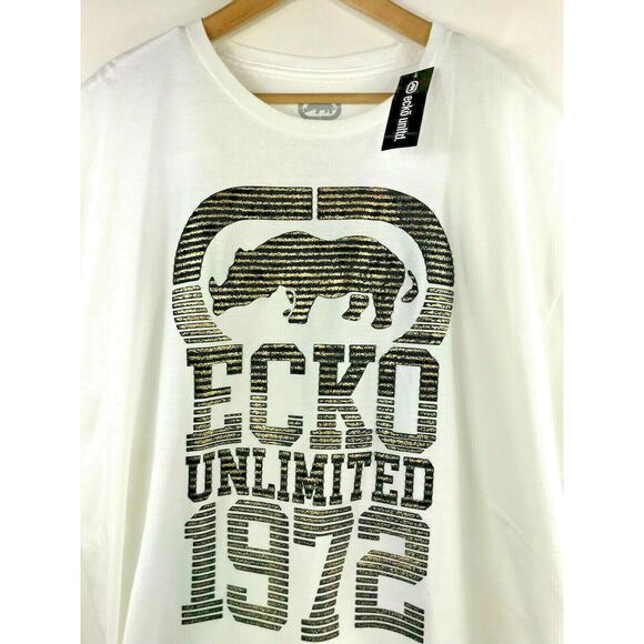 Ecko Unltd Mens M White T-Shirt w Black Rubber Gold Graphic Logo Print Sz Medium - Picture 3 of 6